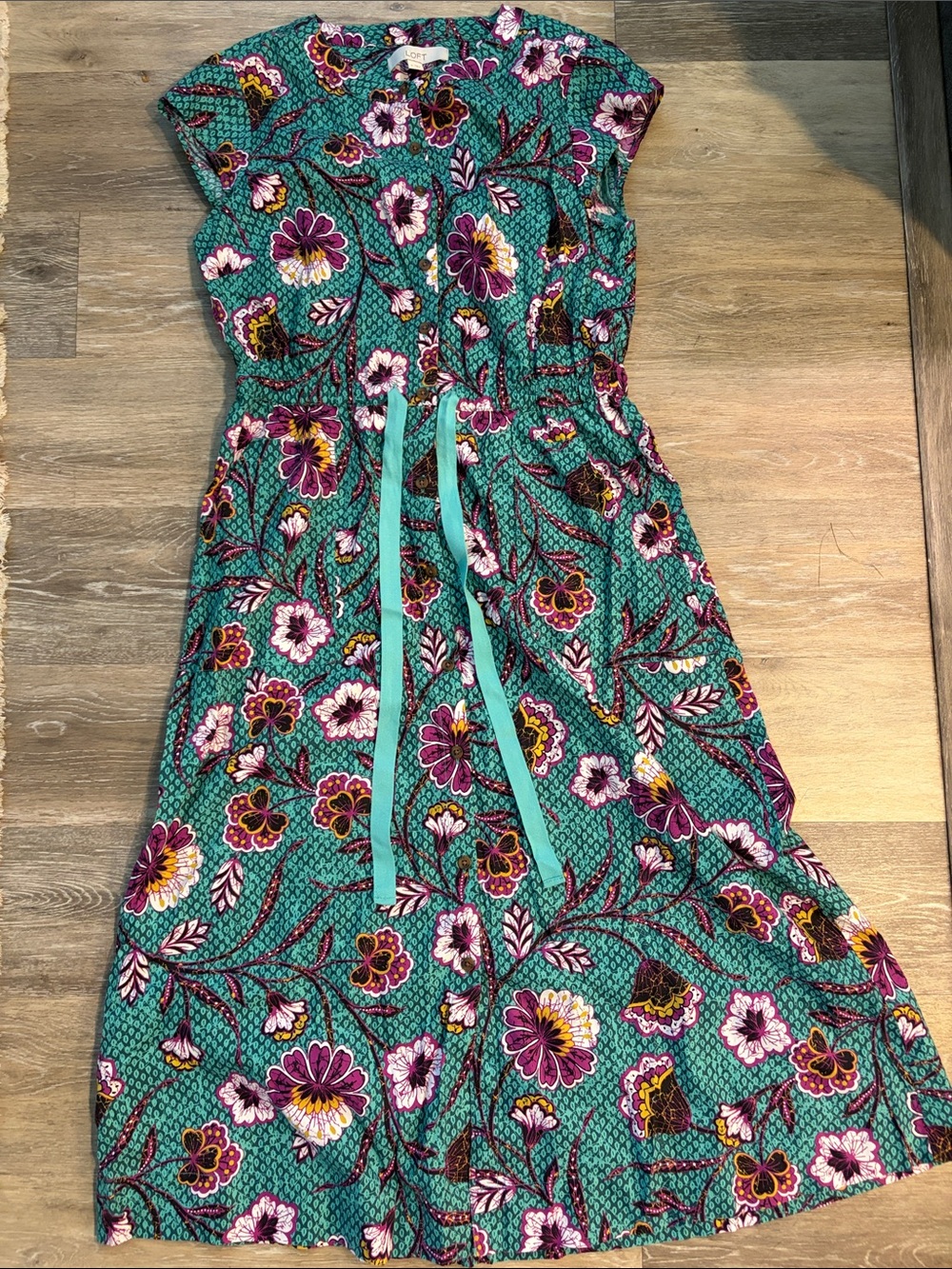 Loft size 4 Teal Floral Maxi Dress with Tie Waist